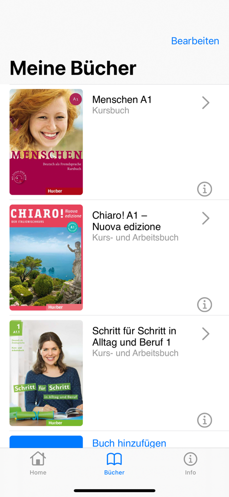 Hueber Media - Interfaz de la aplicación Hueber Media mostrando una biblioteca digital de libros de texto de aprendizaje de idiomas