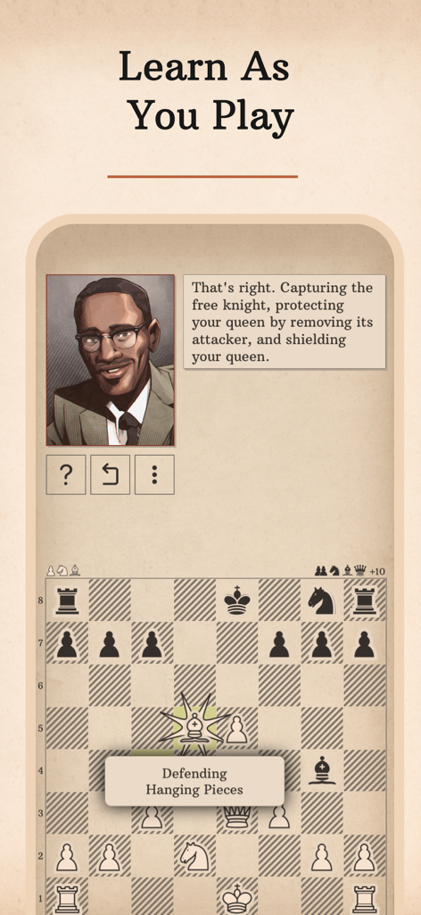 Dr. Wolf character providing personalized strategy feedback during a chess game