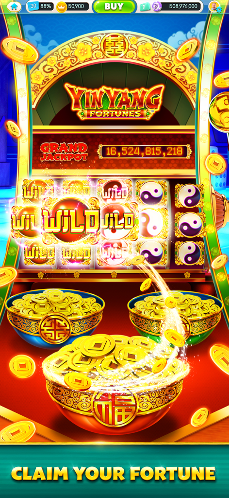 Yin Yang Fortunes slot machine interface featuring a large grand jackpot and gold coins