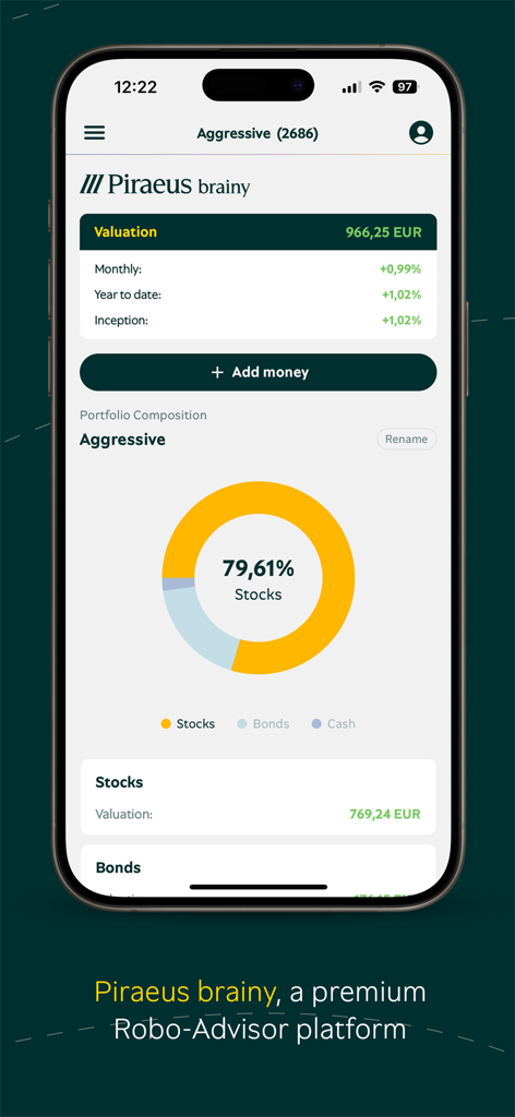 Piraeus SEC - Piraeus SEC mobile app interface showing the Piraeus brainy robo-advisor portfolio dashboard.