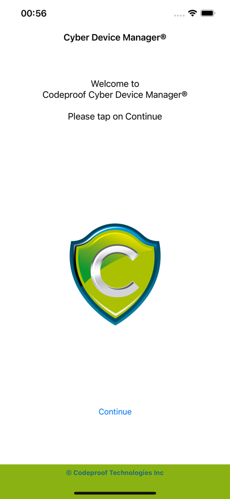 Cyber Device Manager® - The welcome screen of the Cyber Device Manager mobile app by Codeproof featuring a shield logo and a continue button.