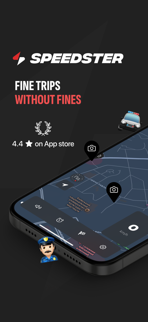 Speedster: speed cams - Speedster app interface showing speed camera locations on a dark mode map with the slogan Fine trips without fines