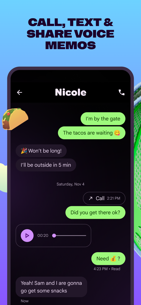 Fitbit Ace - Interface of the Fitbit Ace app showing secure text and voice messaging between a parent and child.