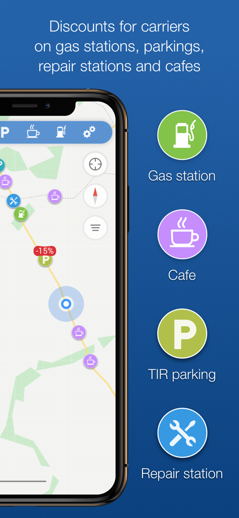 T.Driver App-Oberfläche, die Kartensymbole für Tankstellen und LKW-Parkplätze mit Rabattinformationen anzeigt.
