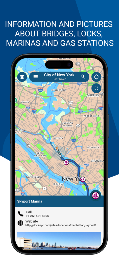 NavShip app screenshot displaying a navigation map of New York City and information for Skyport Marina