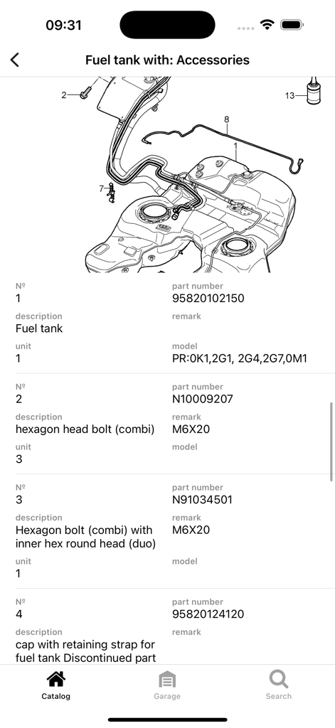 Car parts for Porsche diagrams - Technical diagram and part numbers for a Porsche fuel tank assembly in the mobile app