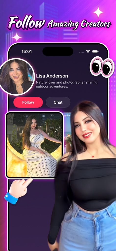 Trilux - Video&Social - Captura de pantalla de la aplicación Trilux mostrando una página de perfil de creador con opciones de seguir y chatear