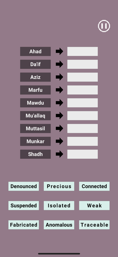 Ein Mobile-Spielbildschirm von SahabaGames, der ein Vokabel-Zuordnungsrätsel für Begriffe der Hadith-Klassifizierung und deren Bedeutungen zeigt.