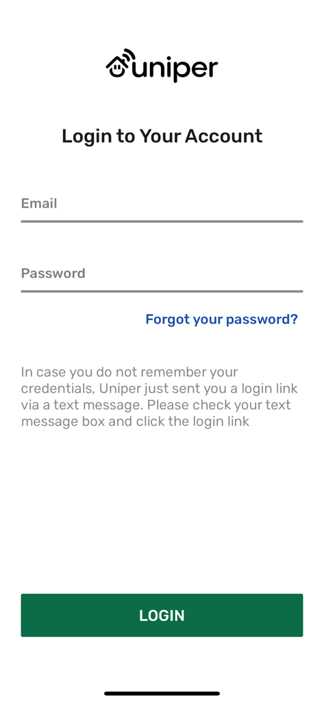 Pantalla de inicio de sesión de la aplicación Uniper para la comunidad virtual de vida para personas mayores.