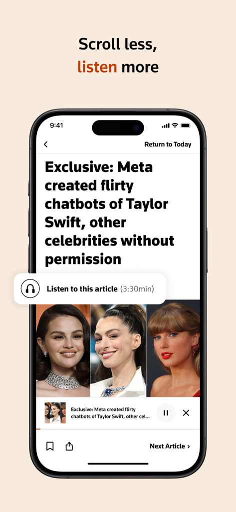 Reuters app interface displaying a news article with an option to listen to the audio version
