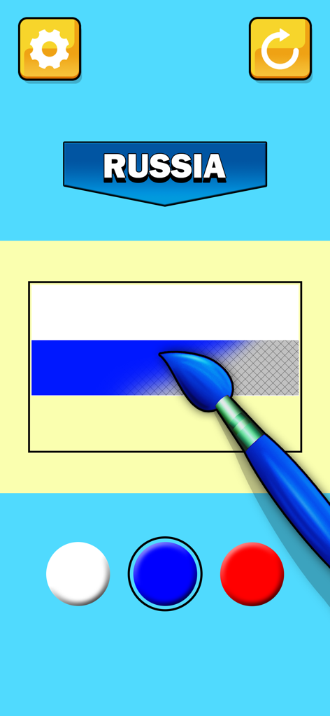 Flags Painting: Paint the Flag - モバイルゲームインターフェースで、ロシアの国旗の真ん中の青い線にペイントブラシで色を塗っている様子