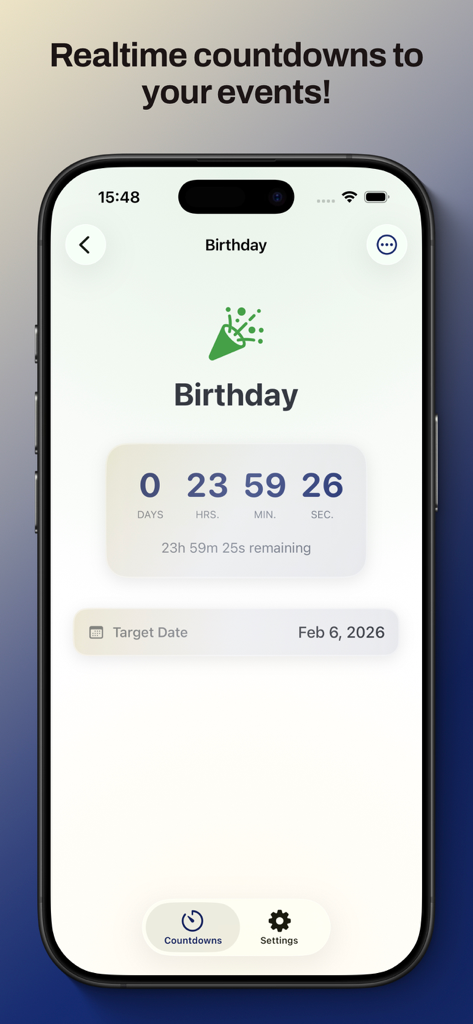 Countdowner Timer Pro - iPhone screen displaying a real-time birthday countdown in the Countdowner Timer Pro app