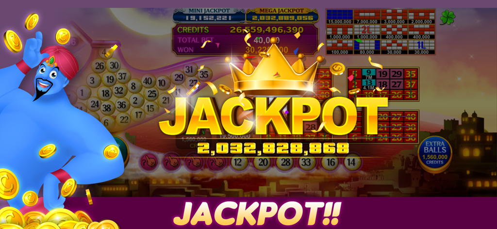 Luck'e Bingo : Video Bingo - Mega Jackpot celebration screen in the Aladdin themed Luck e Bingo game featuring a blue genie
