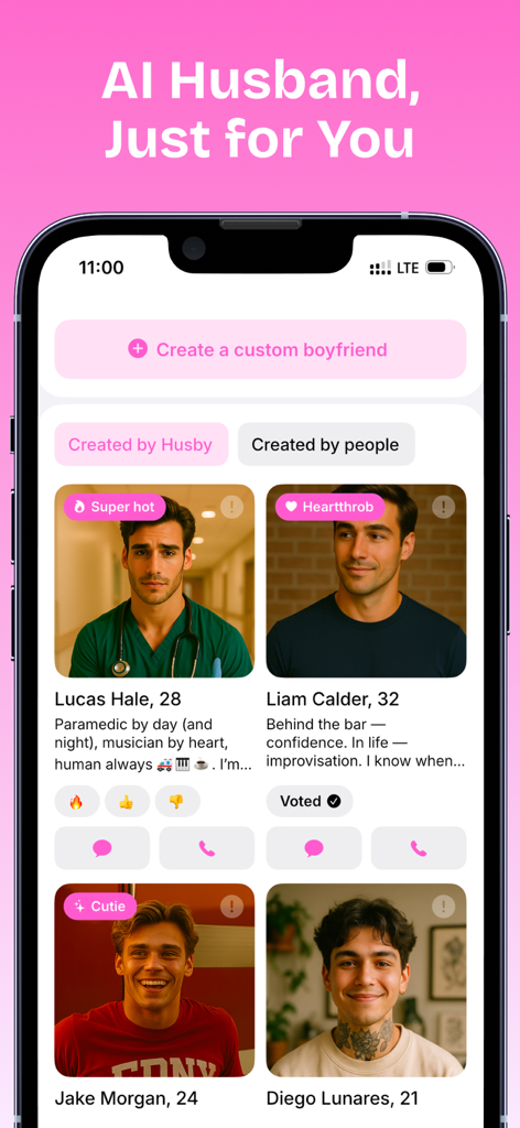 AI Boyfriend Chat - Husby - Interface of the Husby app showing various AI boyfriend profiles like Lucas Hale and Liam Calder with options to chat or call.