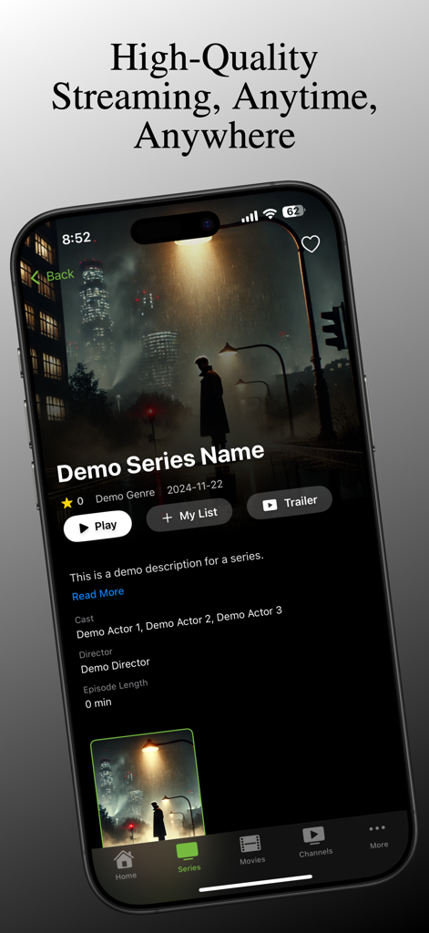 iPTV Player Plus App auf dem iPhone, die eine Detailseite einer TV-Serie mit Metadaten und Wiedergabeoptionen anzeigt.