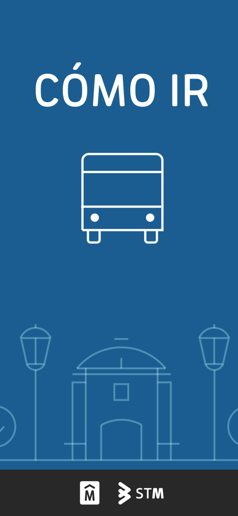 Official splash screen of the Como ir transit app for Montevideo featuring a bus icon and the app name on a blue background.