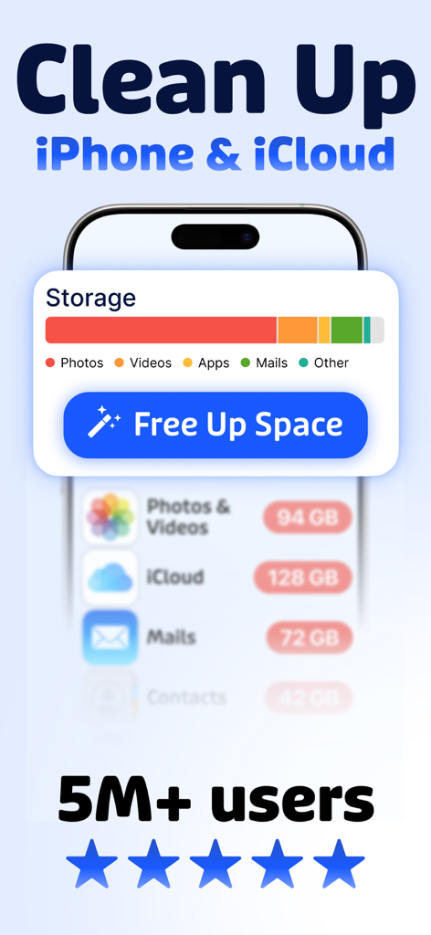 Cleaner AI: Photo Cleanup - Interfaccia dell'app Cleaner AI che mostra l'analisi dello spazio di archiviazione e un pulsante per liberare spazio su iPhone e iCloud