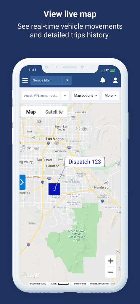 Mappa di monitoraggio in tempo reale del movimento e della posizione dei veicoli della flotta nell'interfaccia dell'app MyGeotab.