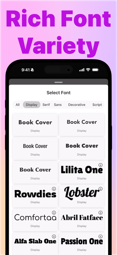 Una variedad de estilos de fuentes profesionales que se muestran en la aplicación NovelArt para personalizar los títulos de las portadas de los libros.