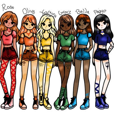 a group of girls wearing crop tops and shorts