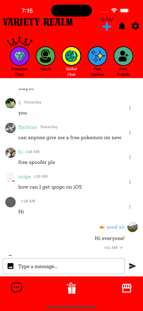 Variety Realm - Variety Realmのグローバルチャットインターフェースとコミュニティナビゲーションアイコンを示すスクリーンショット。
