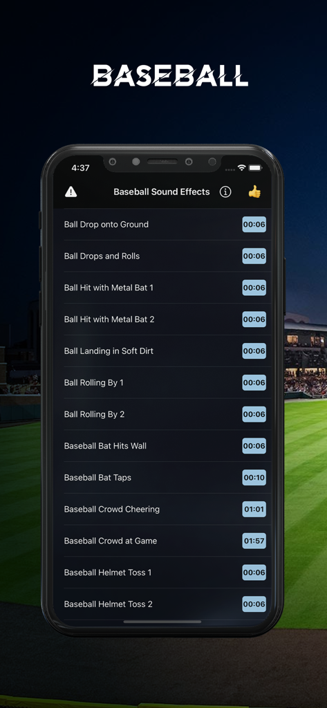 Interface of the Baseball Sound Effects app showing a list of game sounds