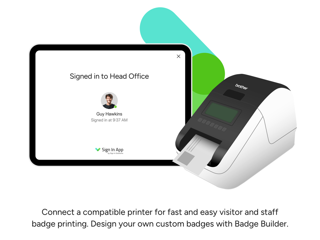 Sign In App Visitor Management - iPad mit Sign In App neben einem Etikettendrucker für Besucherausweise.