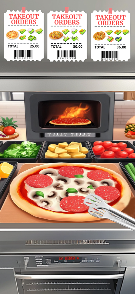 Cooking Fun®: Food Games - Una vista in prima persona della preparazione di una pizza margherita e funghi in una cucina affollata con ordini da asporto visualizzati sopra