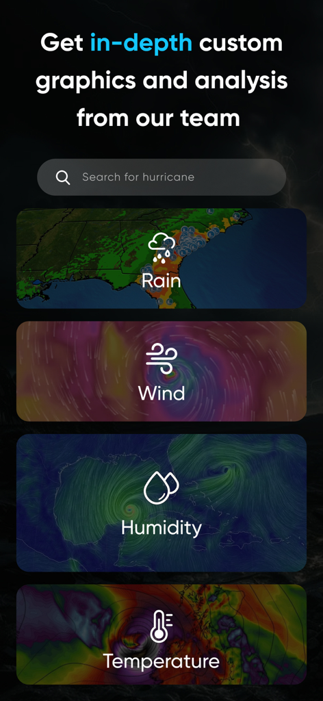 Hurricane Tracker: Storm Alert - Interfaz de la aplicación Hurricane Tracker que muestra opciones de análisis de lluvia, viento, humedad y temperatura.