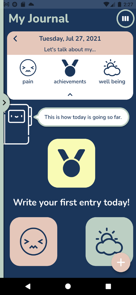 My Fibro Journal - Mobile app dashboard for tracking fibromyalgia pain achievements and well being