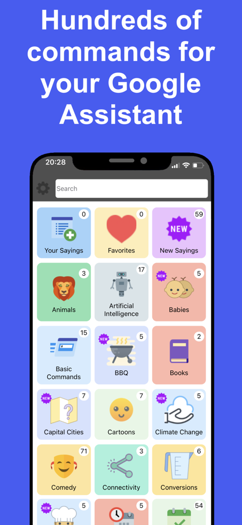 Handy-Bildschirm zeigt verschiedene Kategorien von Sprachbefehlen für Google Assistant