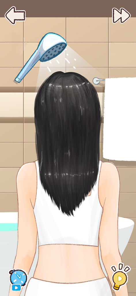 Satisroom: Perfectly Organized - Una chica de dibujos animados con el pelo largo y negro siendo enjuagada por un cabezal de ducha en un ambiente de baño reconfortante.