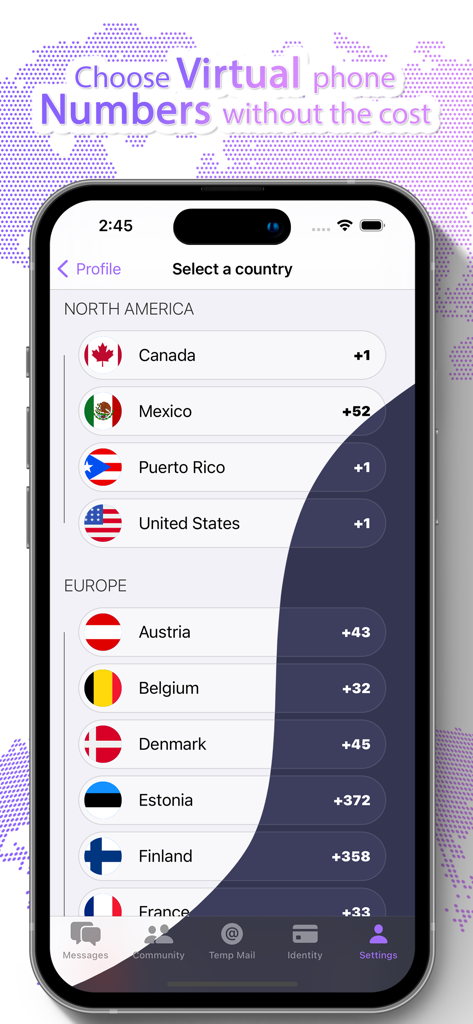 Schermata dell'app mobile che elenca i paesi internazionali per scegliere un numero di telefono virtuale per la verifica SMS.