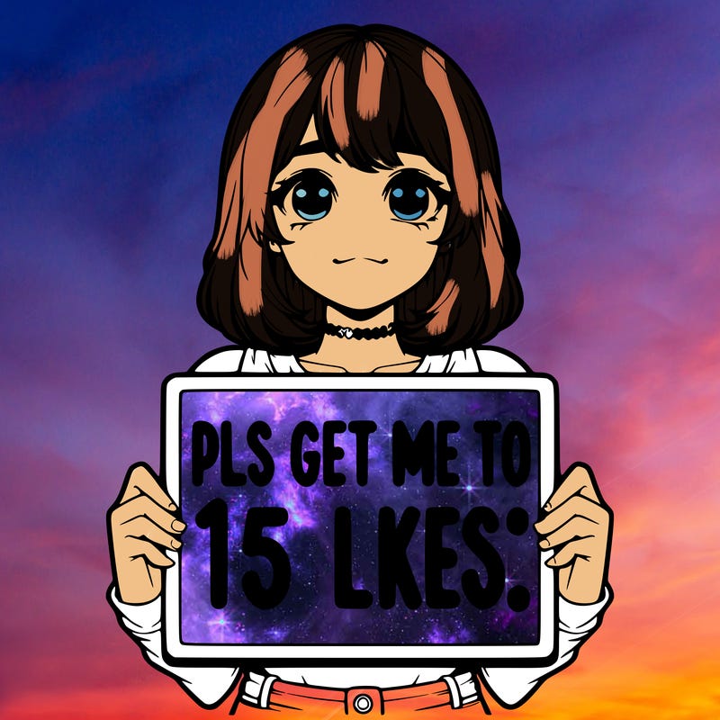 realistic girl holding up a sign that says “pls get me to 15 likes!”