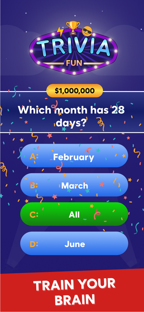 Trivia Fun: Learn & Play - Interfaz de la aplicación Trivia Fun que muestra una pregunta de un millón de dólares sobre los meses con veintiocho días
