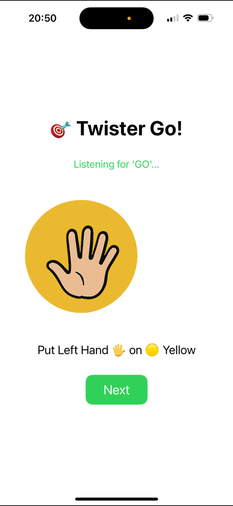 TwistGO - TwistGO app interface showing a move instruction for left hand on yellow with voice activation