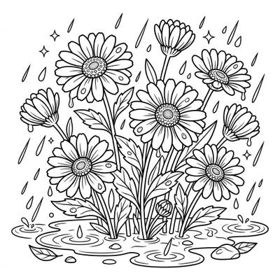 Embrace the calming atmosphere of a rainy day with this delightful pink daisies coloring page. It's a perfect opportunity to add vibrant colors to beautiful blooms and sparkling raindrops.