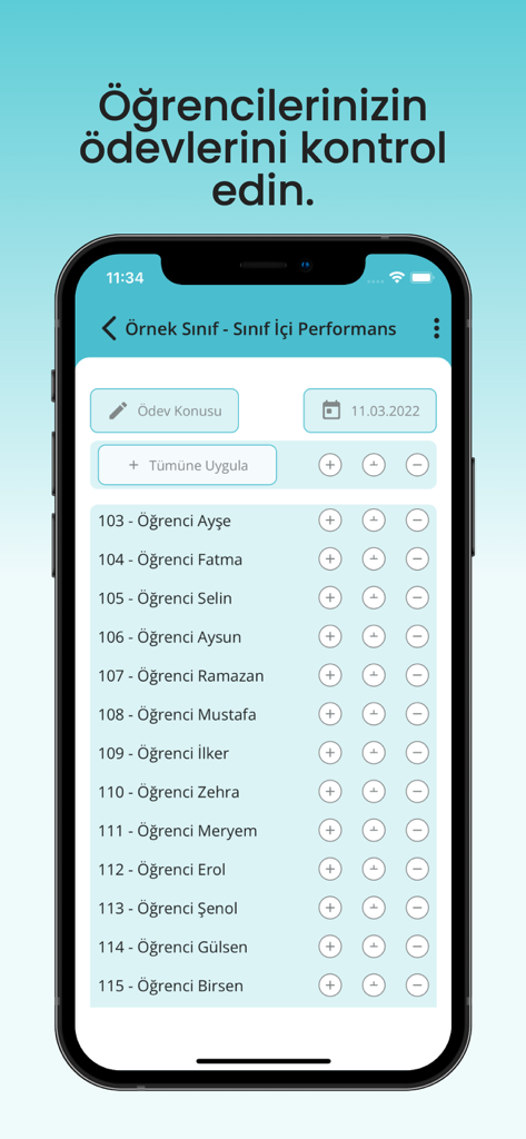Mobile app interface showing a list of students with controls for tracking homework and in-class performance