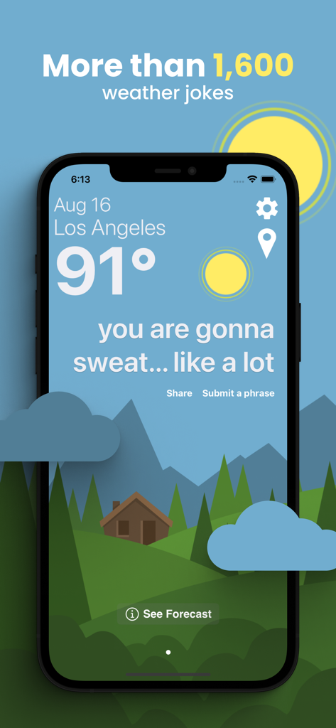 Funny Weather - Rude Forecasts - Funny Weather app interface showing a 91 degree forecast for Los Angeles with a rude joke about sweating