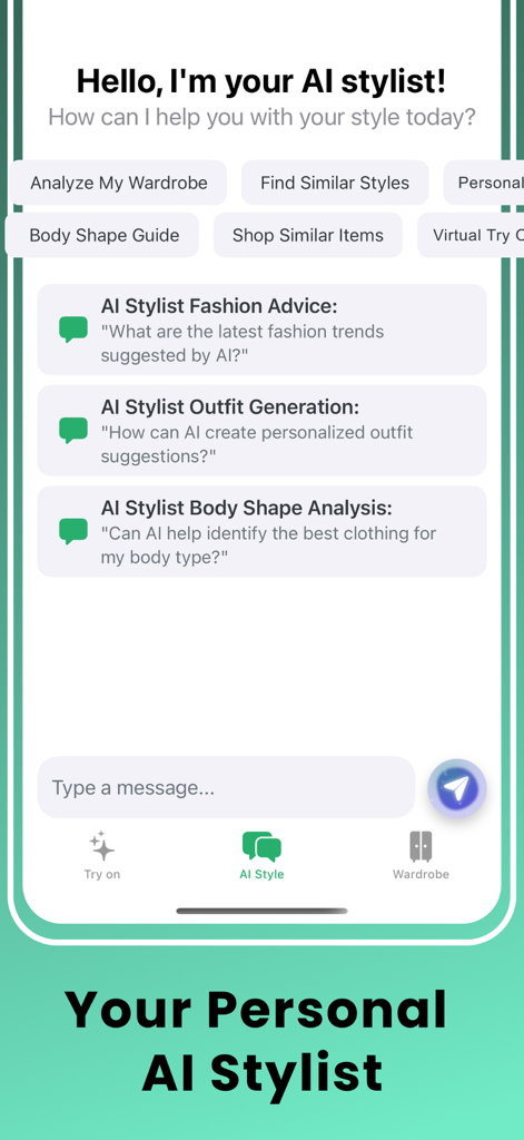AI Stylist Outfit Clothes Gen - Personal AI stylist chat interface for fashion advice and wardrobe analysis