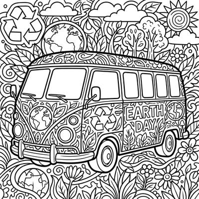 Embark on an eco-friendly art adventure with this detailed Mini Bus coloring page, perfectly designed for teens. Adorned with Earth Day symbols and intricate natural patterns, it offers a wonderfully creative challenge.