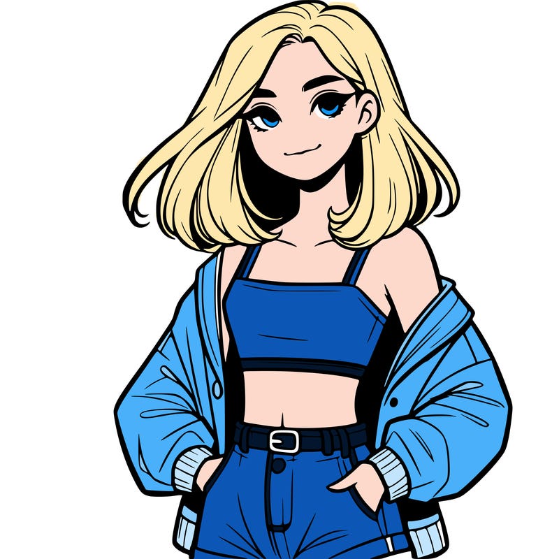 a realistic girl with a crop top and short shorts in an open jacket