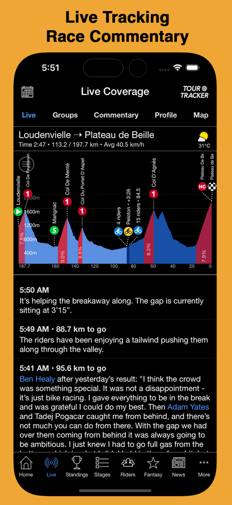 Interface de couverture en direct de l'application Tour Tracker Pro Cycling avec le profil d'élévation de la course et les commentaires en temps réel