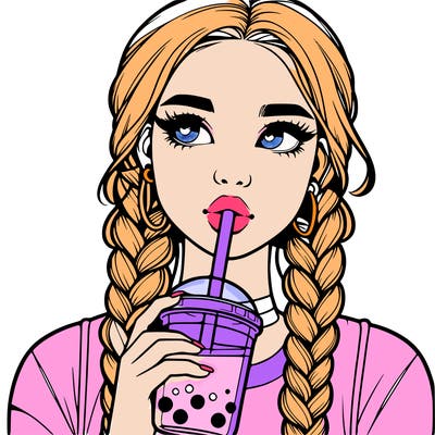 realistic girl with braided hair drinking boba