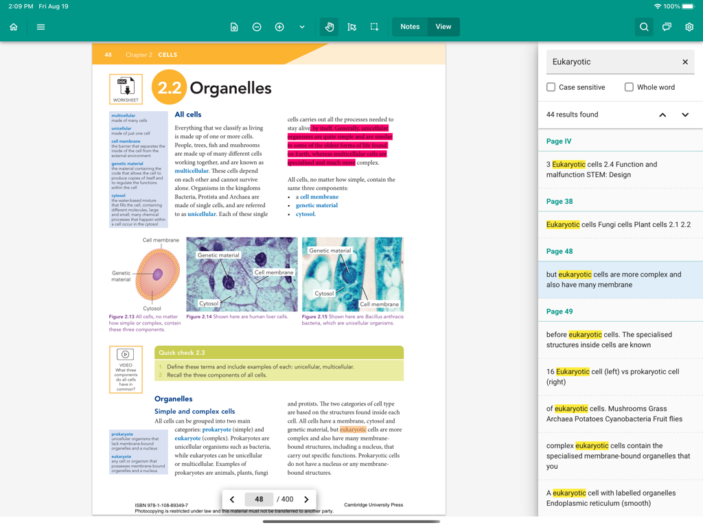 Box of Books Reader - A digital textbook page about organelles displayed in the Box of Books Reader app on an iPad with a search sidebar.