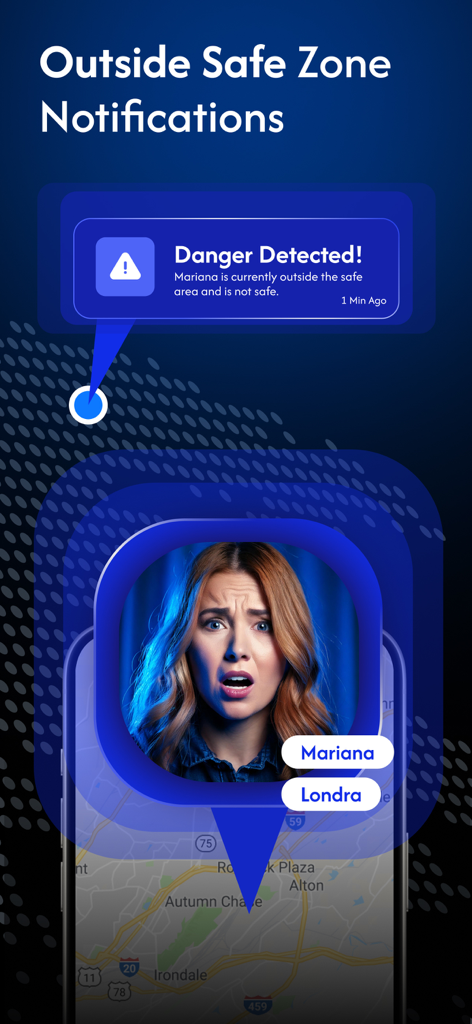 EasyGeoFinder-Location Tracker - Captura de pantalla de una aplicación móvil mostrando una notificación de alerta para una persona llamada Mariana fuera de una zona segura designada en un mapa.