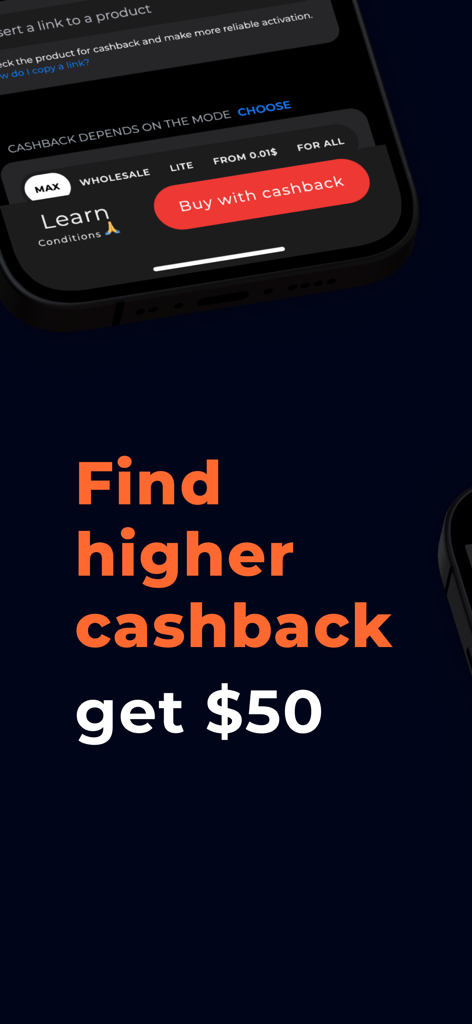 CashBack ZOZI: money back - Pantalla de móvil mostrando la promoción de la aplicación ZOZI para encontrar un cashback más alto y obtener una recompensa de cincuenta dólares