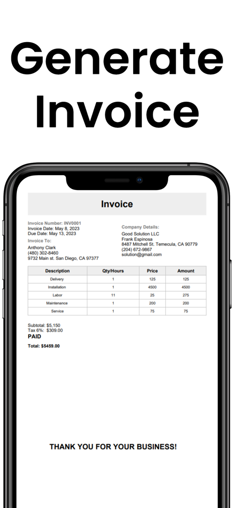 Invoice Maker - PDF Creator - Mobile app interface showing a generated professional invoice with itemized services and paid status