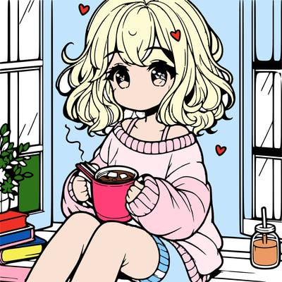 cute anime girl reading book and drinking hot chocolate from mug with loose wavy hair wearing a baggy sweatshirt and shorts sitting by windowsill looking out