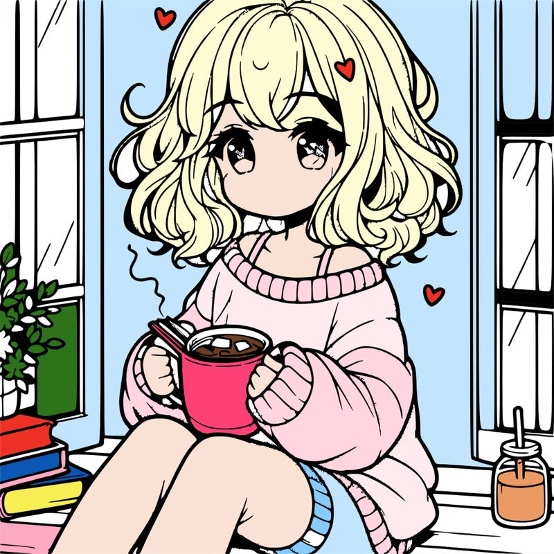 cute anime girl reading book and drinking hot chocolate from mug with loose wavy hair wearing a baggy sweatshirt and shorts sitting by windowsill looking out